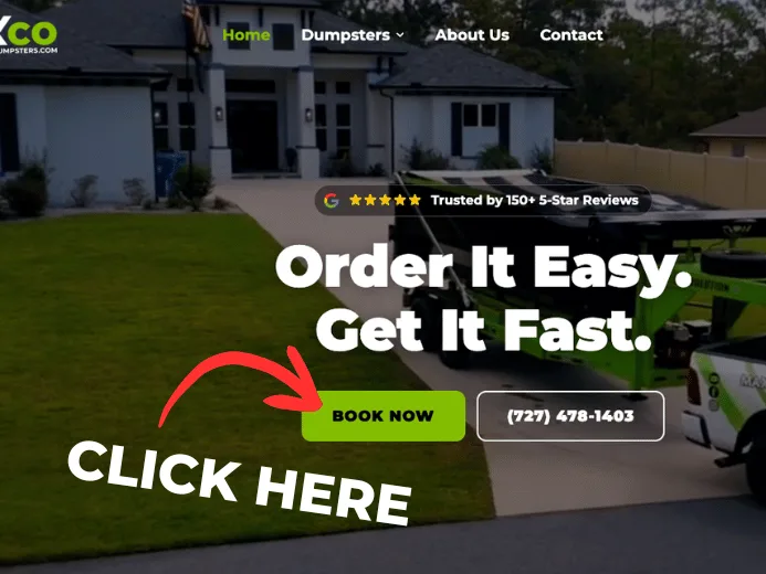 MAXCO Dumpsters website hero with a red arrow pointing at the Book Now button